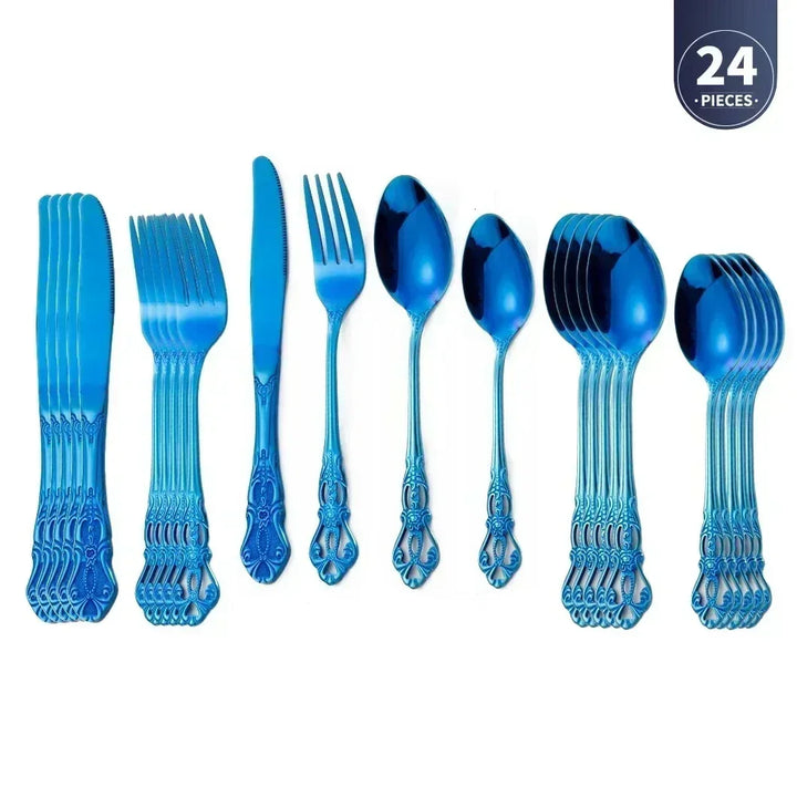 Conjunto de talheres de aço inoxidável dourado Royal European Colher Garfo Talheres completos Design retrô Lavável na máquina de lavar louça Talheres elegantes
