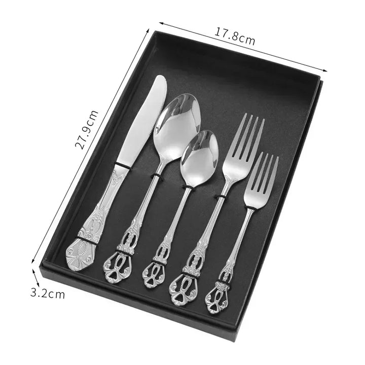 Conjunto de talheres de aço inoxidável dourado Royal European Colher Garfo Talheres completos Design retrô Lavável na máquina de lavar louça Talheres elegantes