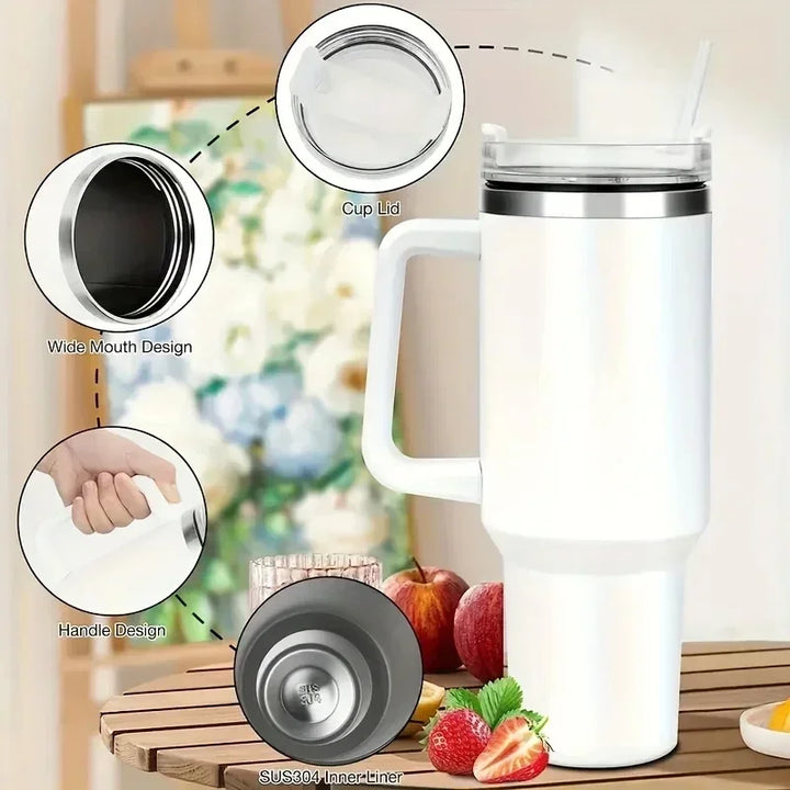 Garrafa de água de aço inoxidável de 40 onças, caneca de café para carro, copo personalizado com tampa de alça, canudo, copo térmico a vácuo
