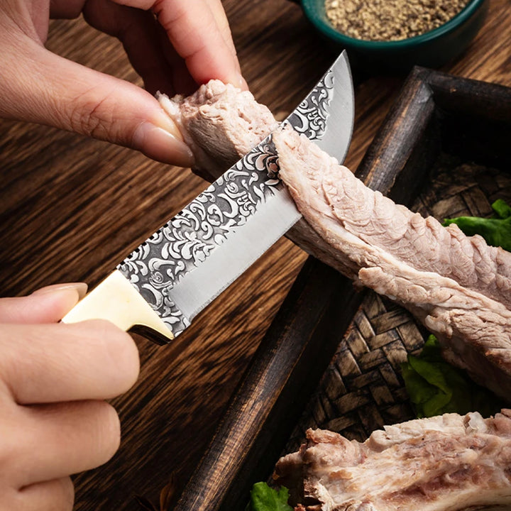 Faca de cutelo de carne de desossa forjada Faca de aço inoxidável Cozinha mongol Mão Faca de frutas Faca de bife de cordeiro assado com tampa