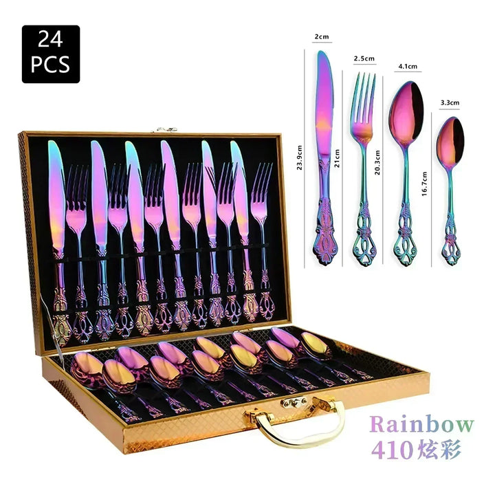 Conjunto de talheres de aço inoxidável dourado Royal European Colher Garfo Talheres completos Design retrô Lavável na máquina de lavar louça Talheres elegantes