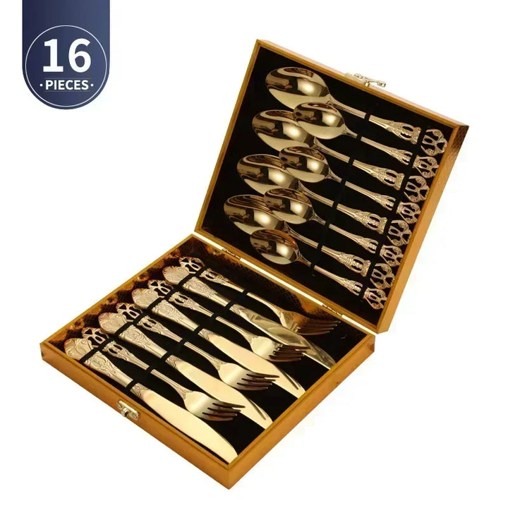 Conjunto de talheres de aço inoxidável dourado Royal European Colher Garfo Talheres completos Design retrô Lavável na máquina de lavar louça Talheres elegantes