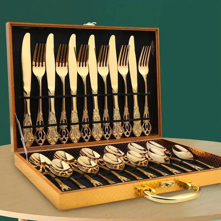 Conjunto de talheres de aço inoxidável dourado Royal European Colher Garfo Talheres completos Design retrô Lavável na máquina de lavar louça Talheres elegantes