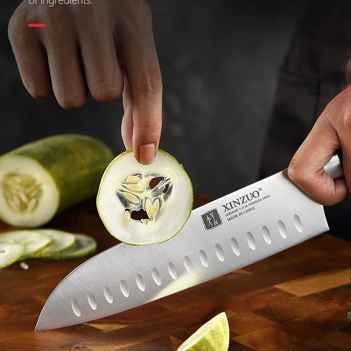 XINZUO 7PCS Conjunto de facas de cozinha forjadas alemãs 1.4116 Aço inoxidável Afiado Chef Santoku Cutelo Tesoura de cozinha Conjunto de ferramentas