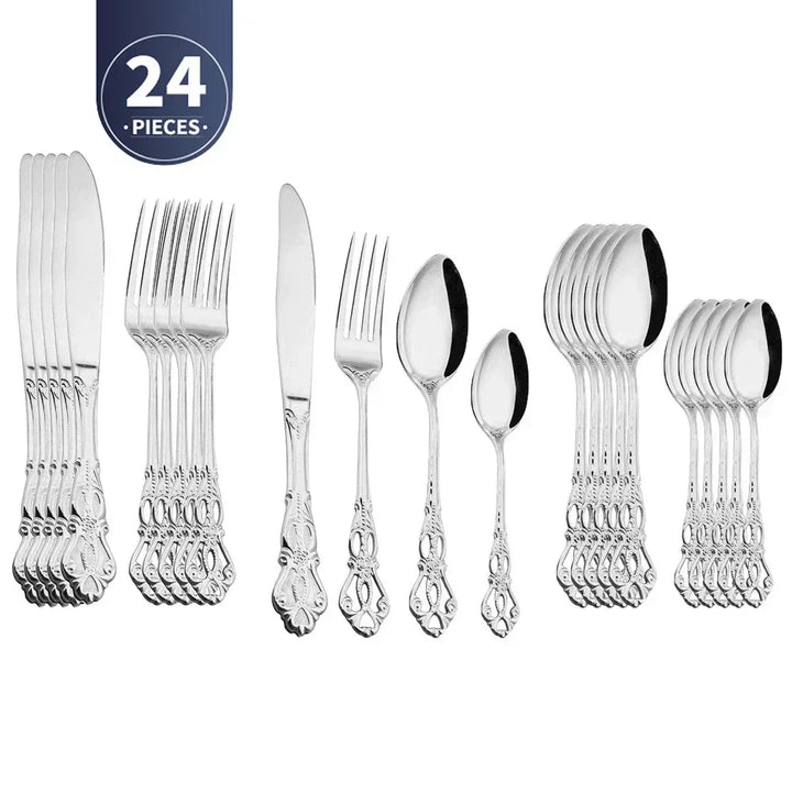 Conjunto de talheres de aço inoxidável dourado Royal European Colher Garfo Talheres completos Design retrô Lavável na máquina de lavar louça Talheres elegantes