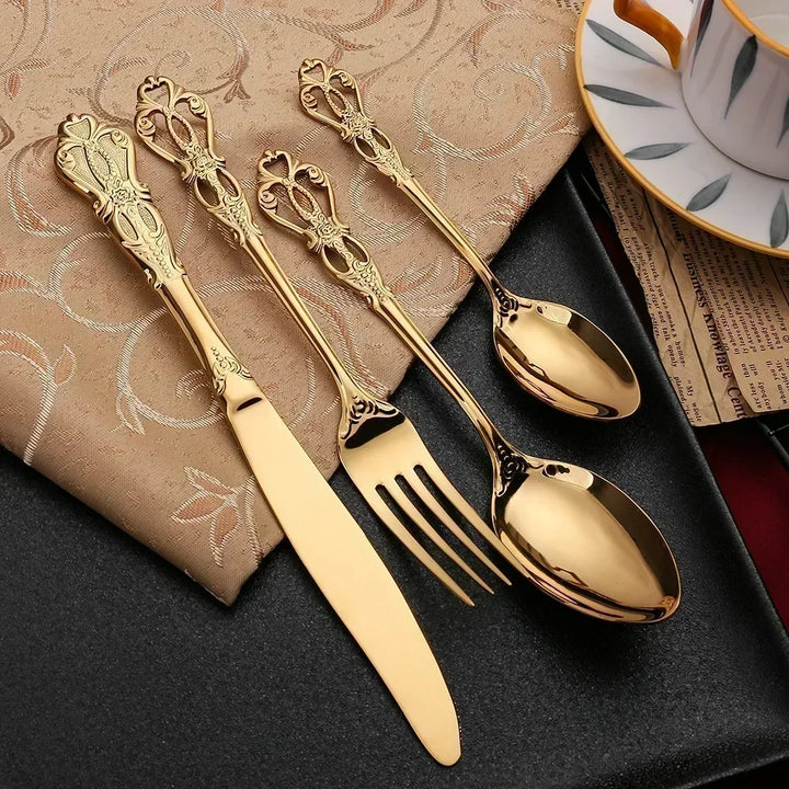 Conjunto de talheres de aço inoxidável dourado Royal European Colher Garfo Talheres completos Design retrô Lavável na máquina de lavar louça Talheres elegantes